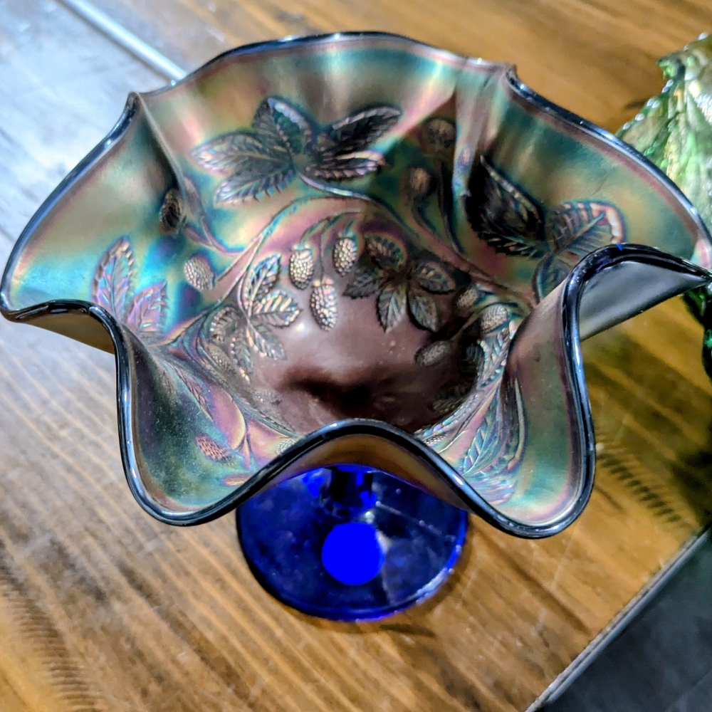 Blue Iridescent Glass Art Bowl with Ruffled Edge